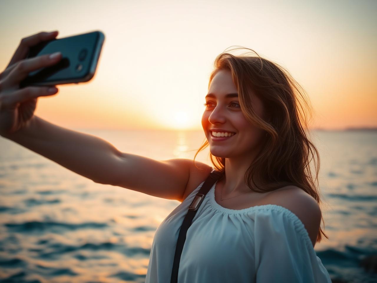 Eine Frau macht ein Selfie im Sonnenuntergang am Meer